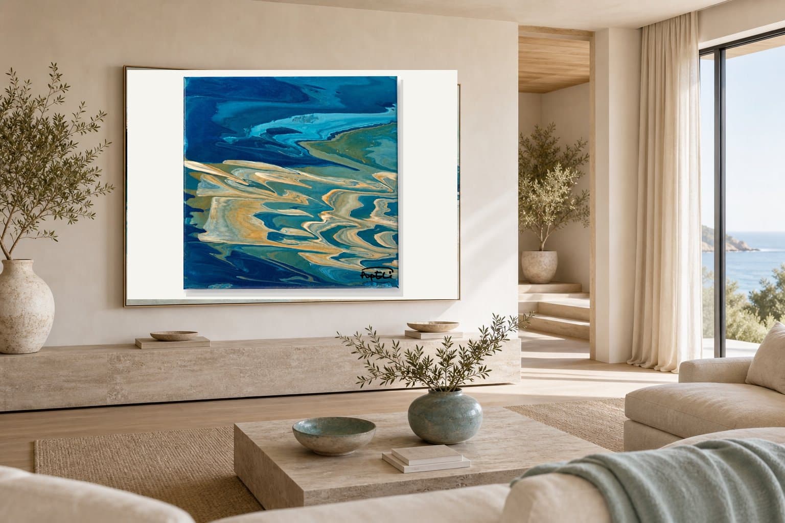 Azure Drift installed in a serene coastal living room